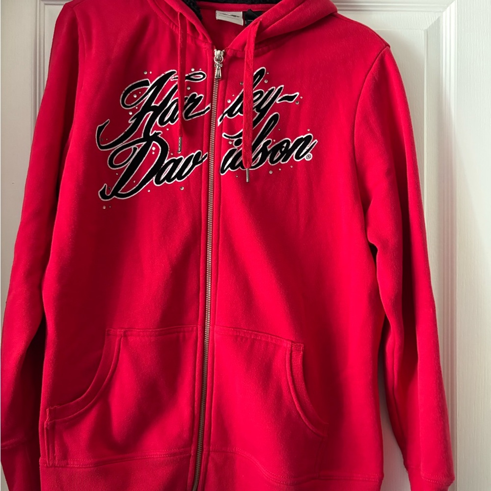 Vtg Y2K Harley Davidson Womens L Spell Out Tribal Rose Sequin Full Zip Hoodie